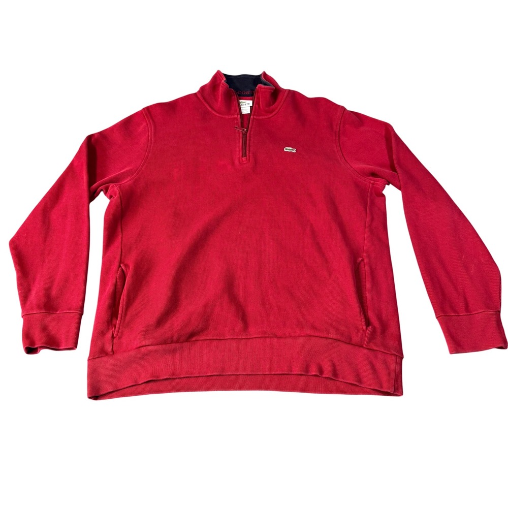 Lacoste Mens Red Ribbed 1/4 Zip Pullover Sweatshirt Size 8 XXL Cotton Pockets
